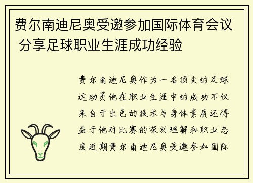 费尔南迪尼奥受邀参加国际体育会议 分享足球职业生涯成功经验 费尔南迪尼奥受邀参加国际体育会议 分享足球职业生涯成功经验